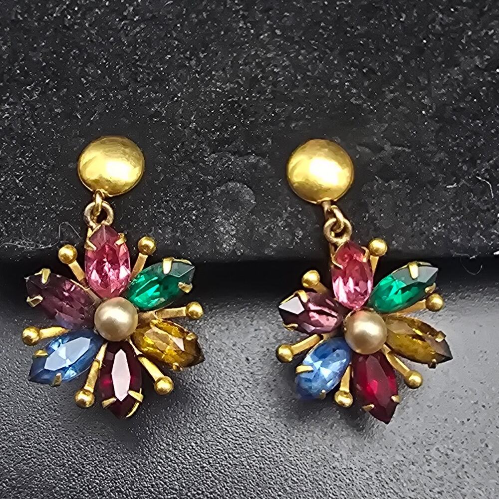 AMCO Gold Filled Colorful Rhinestone Flower Earrings Screw Back Vintage